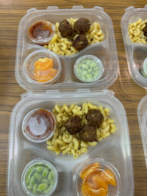 Mini beef meatballs (kosher, dairy, gluten-free). Protein pasta and fresh marinara - (NO added sugar or preservatives) with hidden carrots. Fresh fruit and shelled edamame)