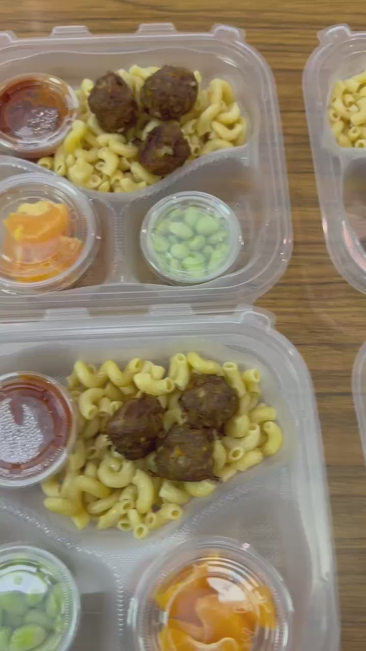 Mini beef meatballs (kosher, dairy, gluten-free). Protein pasta and fresh marinara - (NO added sugar or preservatives) with hidden carrots. Fresh fruit and shelled edamame)